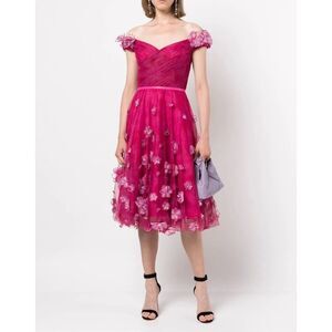 NWT Marchesa Tulle 3D Floral Appliqué Off the Shoulder Dress Fuchsia Size 0 $695
